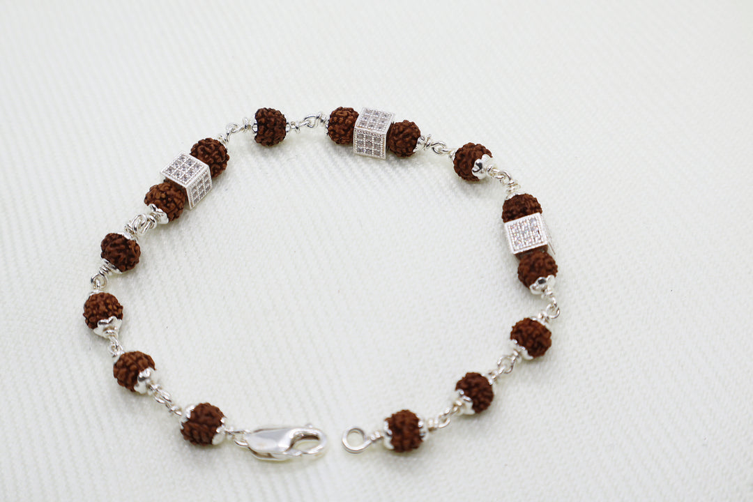 Rudraksha-Square Diamond  Silver Bracelet: Sacred Connection