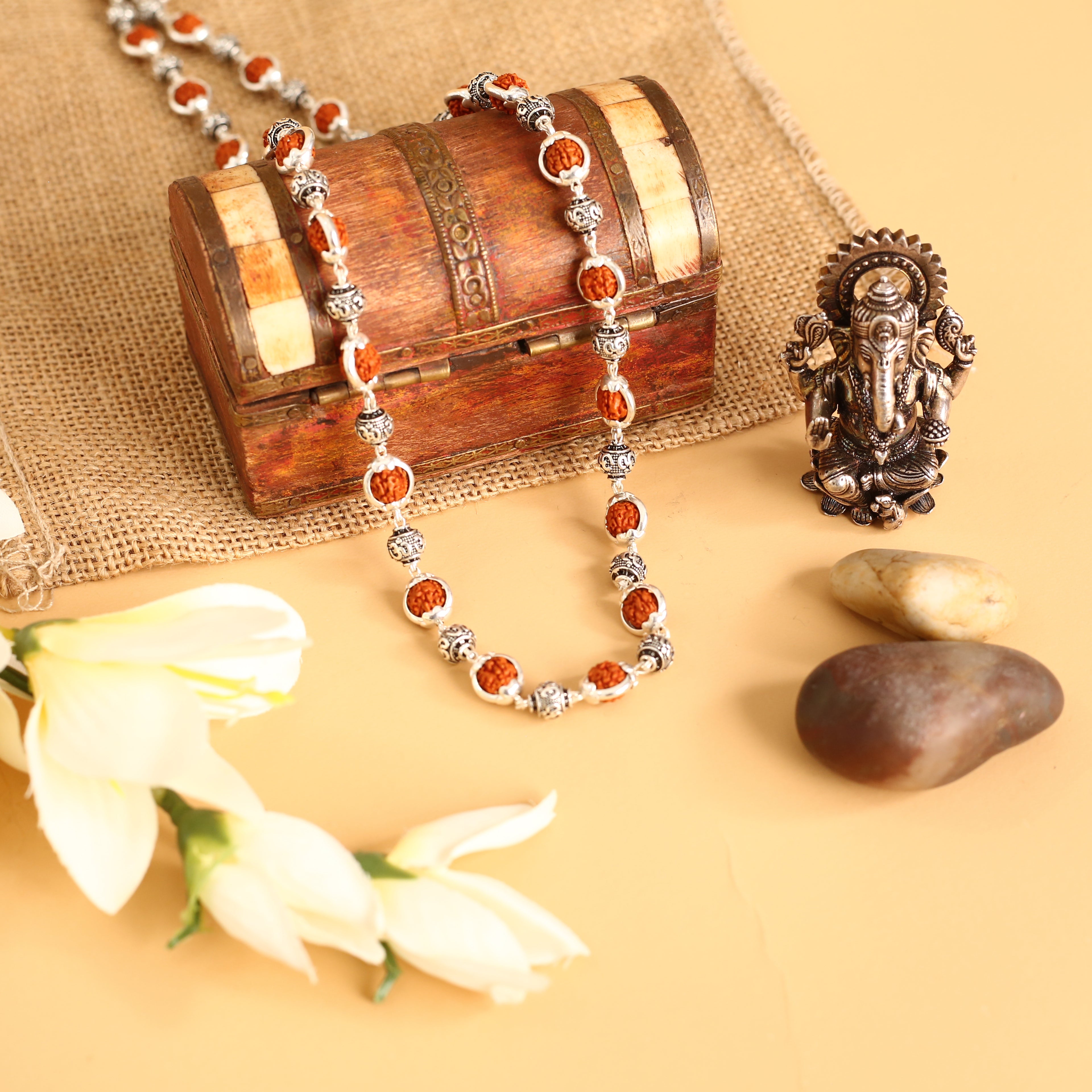 Rudraksha and Pure Silver Chain: Om Beads Edition