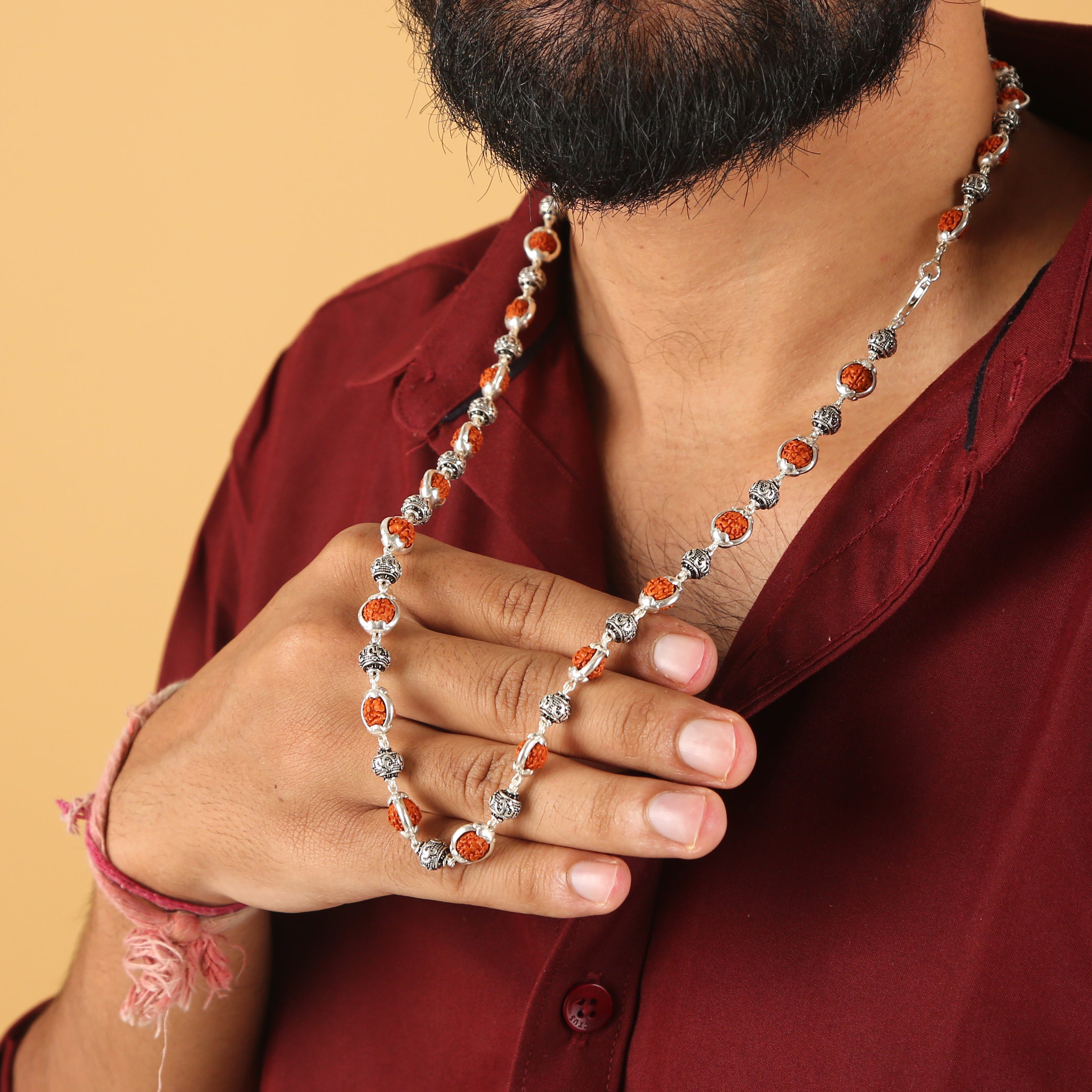 Rudraksha and Pure Silver Chain: Om Beads Edition