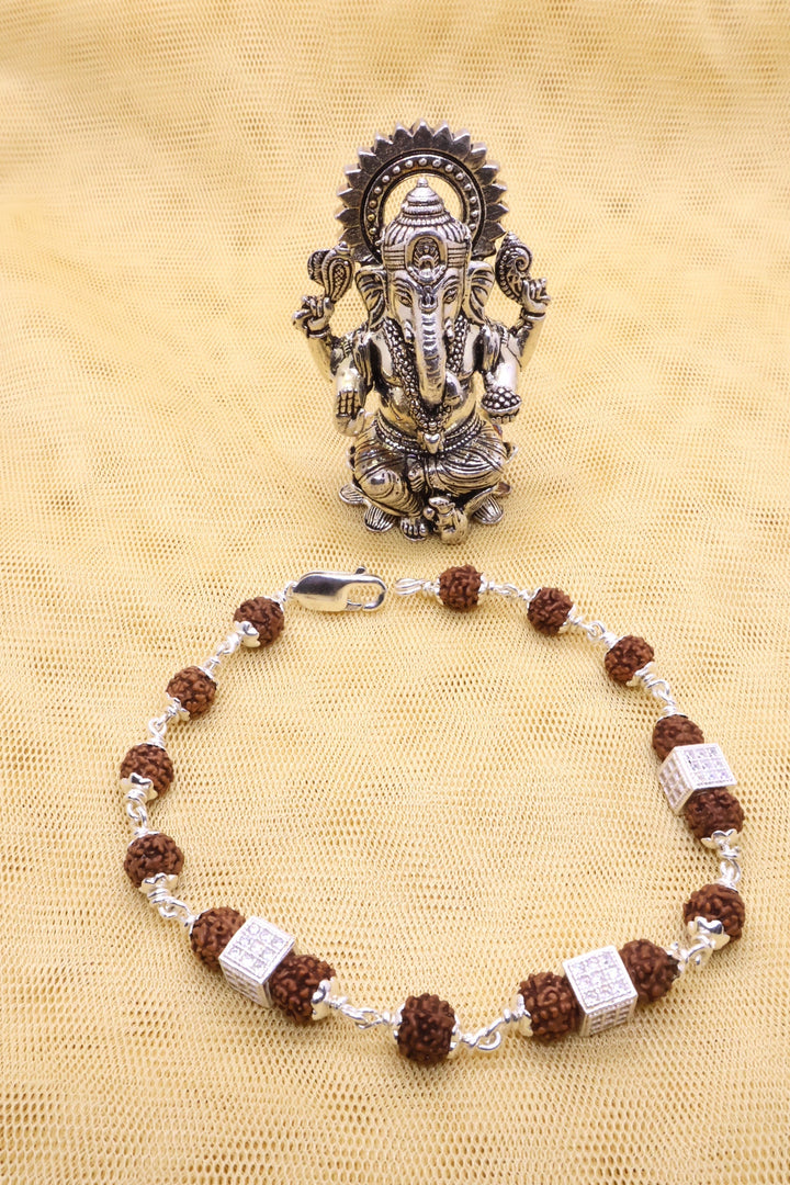 Rudraksha-Square Diamond  Silver Bracelet: Sacred Connection