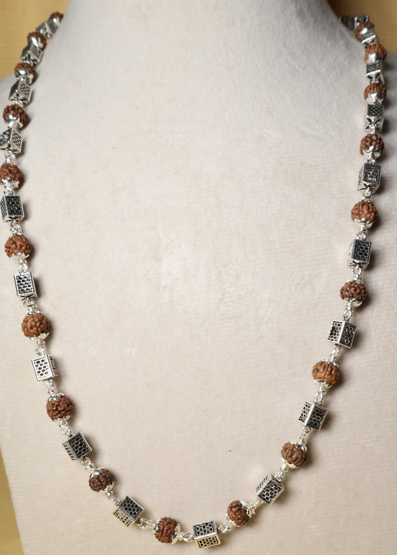 Rudraksha and Silver Square Heavy Beads Chain for Spiritual Bliss.