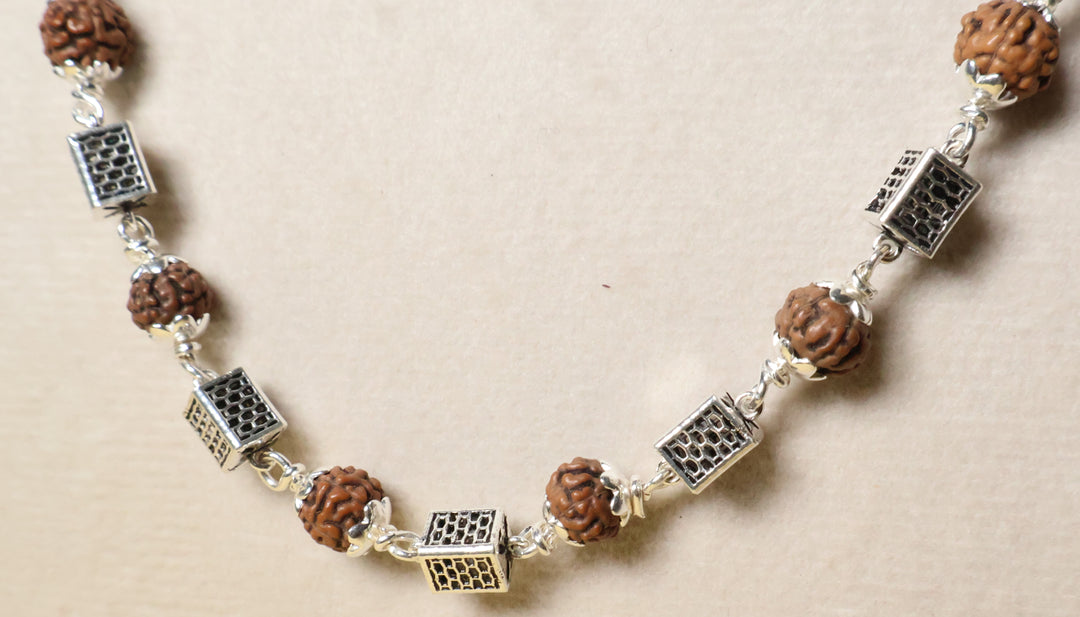 Rudraksha and Silver Square Heavy Beads Chain for Spiritual Bliss.