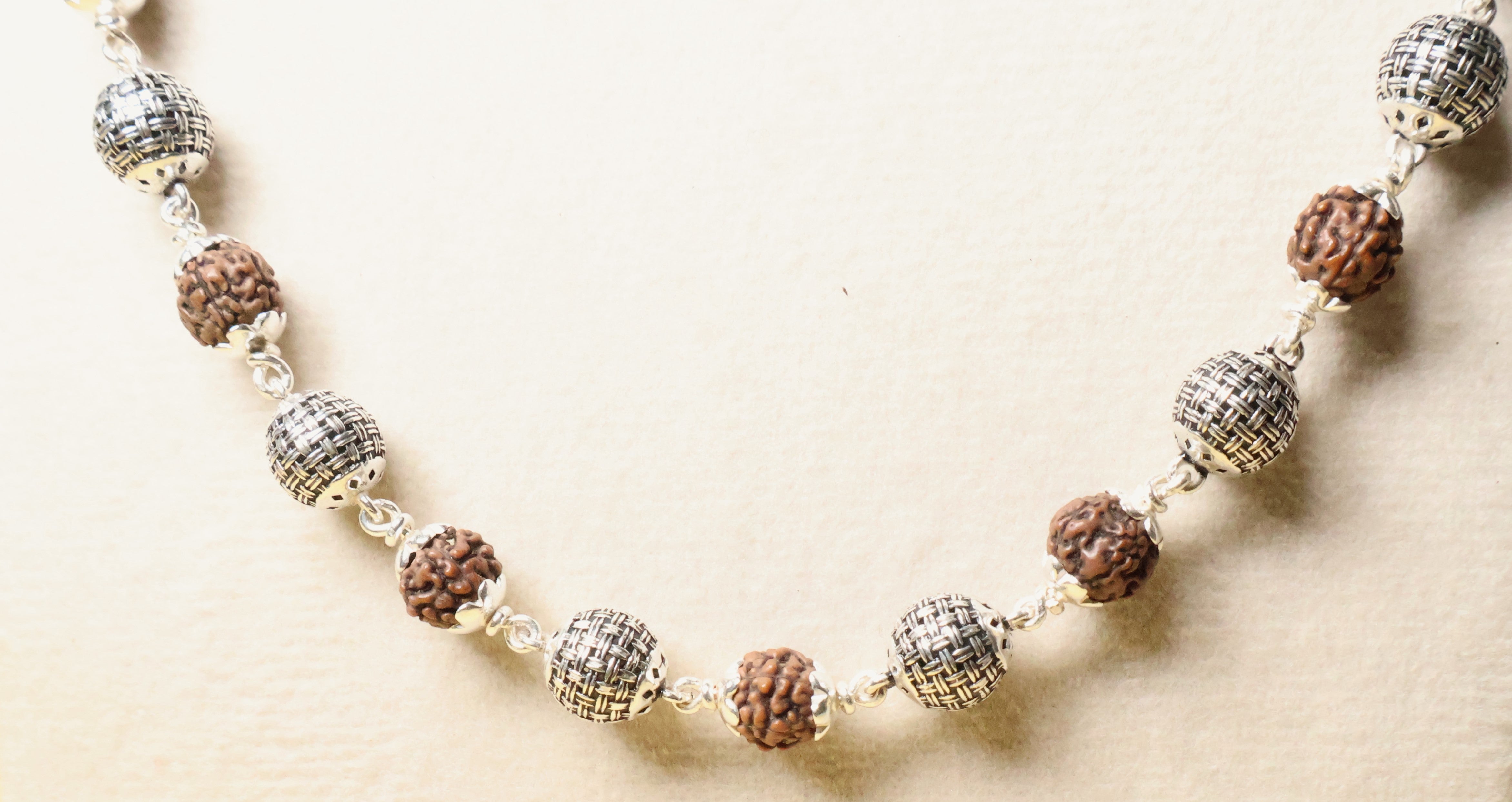 Rudraksha and Pure Silver Cylindrical Heavy Beads Chain for Spiritual Bliss.