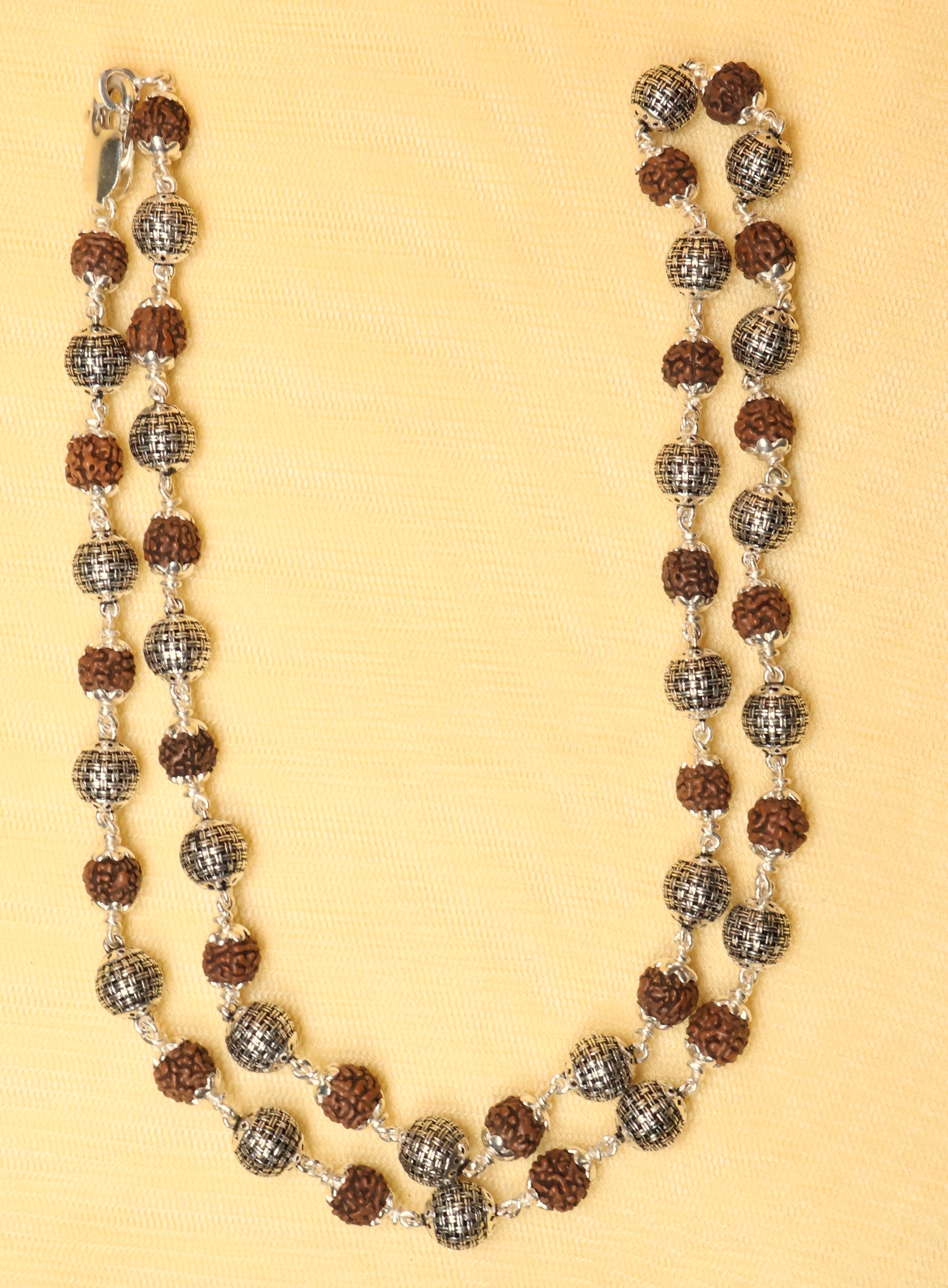 Rudraksha and Pure Silver Cylindrical Heavy Beads Chain for Spiritual Bliss.