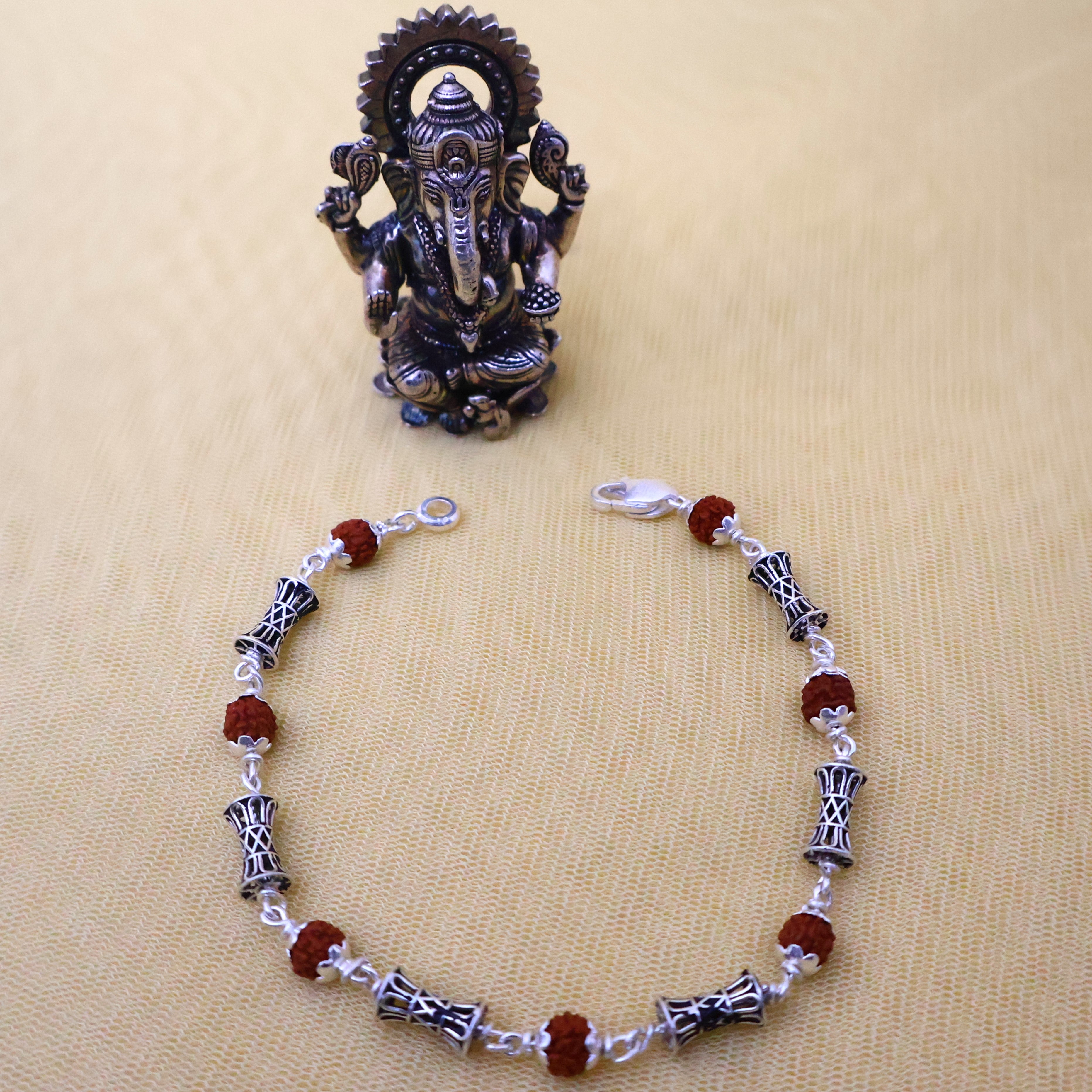 Rudraksha Single Damru Silver Bracelet: Second Edition